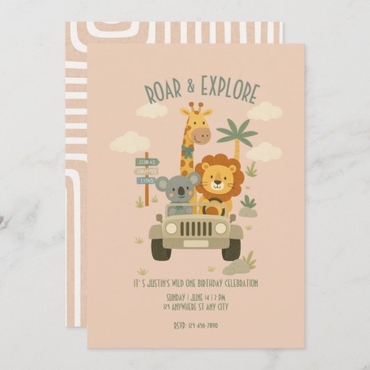 Invitation Roar & Explore – It's a Safari Birthday! (Devant / Derrière)