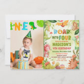 Invitation Roar Four Dinosaur Greenery 4th Birthday Photo (Devant)