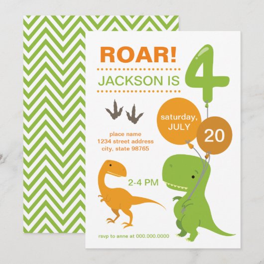 Invitation Roar I'm Four Green Dinosaur Quatrième anniversair (Devant / Derrière)