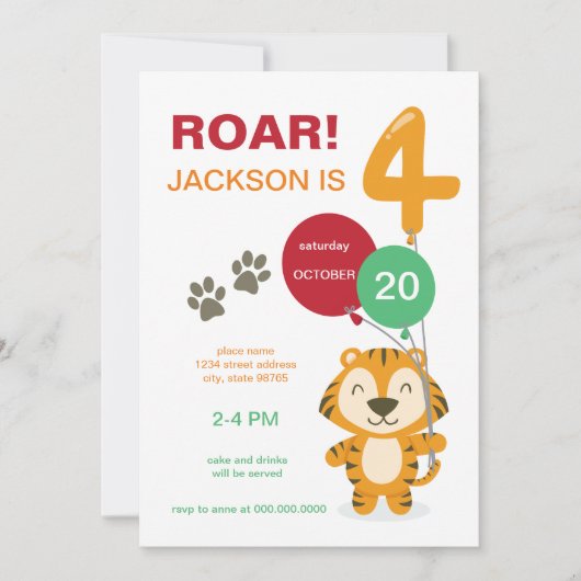Invitation Roar I'm Four Tiger Crcus Zoo Quatrième anniversai (Devant)