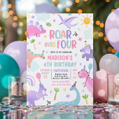 Invitation Roar In Four Pink Dinosaur 4e fête d'anniversaire