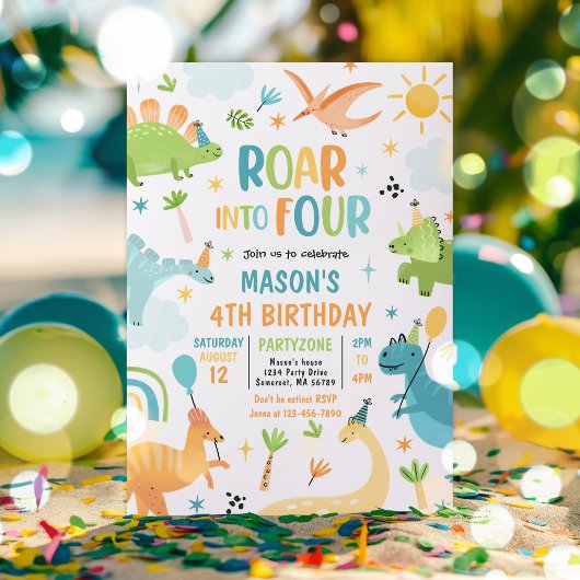 Invitation Roar Into Four Boy Dinosaur 4e fête d'anniversaire