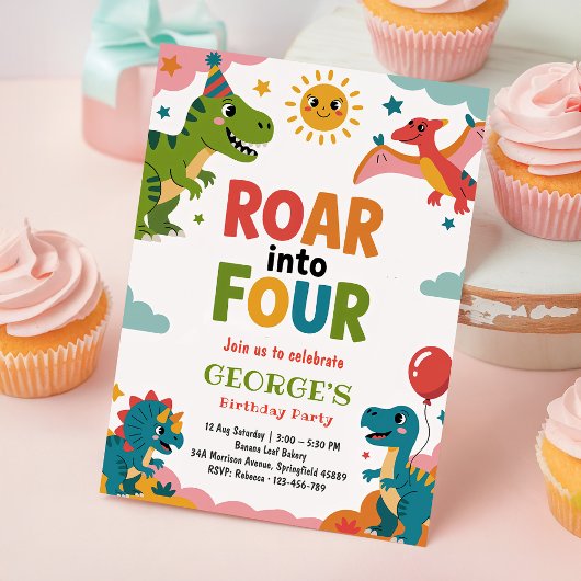 Invitation Roar Into Four Cute Dinosaurs 4th Birthday Party