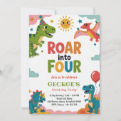 Invitation Roar Into Four Cute Dinosaurs 4th Birthday Party (Devant)