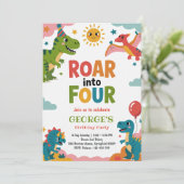 Invitation Roar Into Four Cute Dinosaurs 4th Birthday Party (Debout devant)