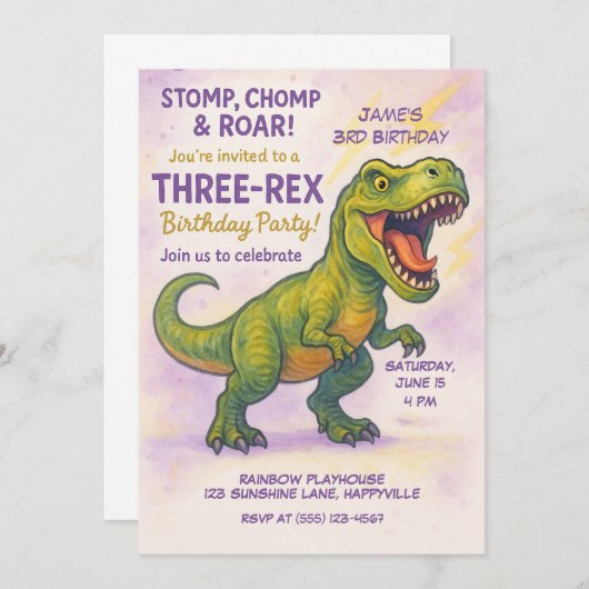 Invitation Roar & Stomp ! C’est une fête d’anniversaire à tro (Devant / Derrière)