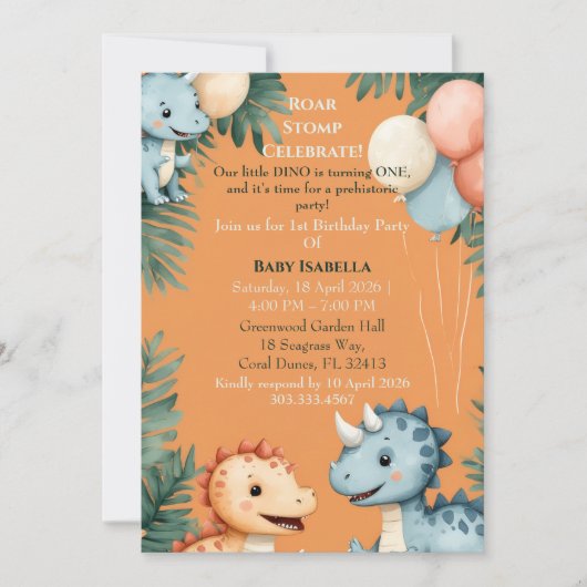 Invitation Roar Stomp Orange Little Dino Turning One Birthday (Devant)