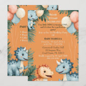 Invitation Roar Stomp Orange Little Dino Turning One Birthday (Devant / Derrière)