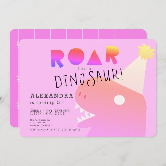 Invitation ROAR T-Rex Dinosaur Neon Rose fille Anniversaire (Devant / Derrière)