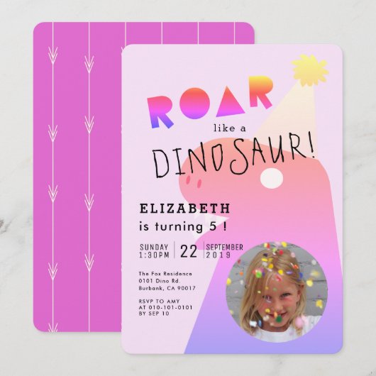 Invitation ROAR T-Rex Dinosaur Neon Rose Photo Girl Anniversa (Devant / Derrière)