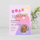 Invitation ROAR T-Rex Dinosaur Neon Rose Photo Girl Anniversa (Debout devant)