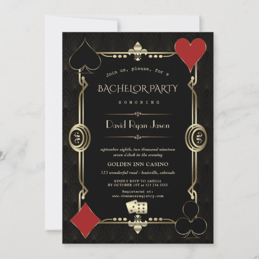 Invitation Roaring 20s Gold Black Great Gatsby Bachelor Party (Devant)