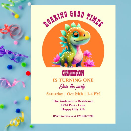 Invitation Roaring Good Times Dinosaur 1er anniversaire fête