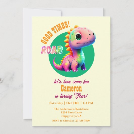 Invitation Roaring Good Times Dinosaur 4e fête d'anniversaire (Devant)