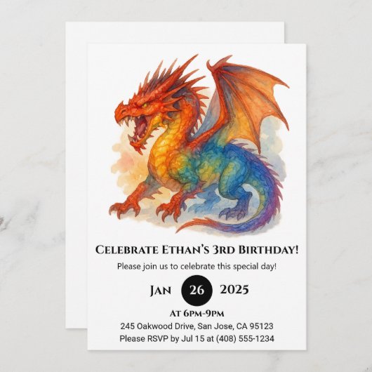 Invitation Roaring Rainbow Dragon Birthday (Devant / Derrière)