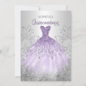 Invitation Robe à étincelles violette en argent Quinceañera (Devant)