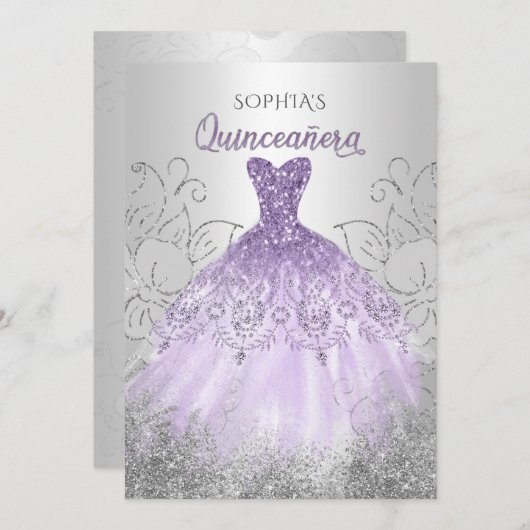 Invitation Robe à étincelles violette en argent Quinceañera (Devant / Derrière)