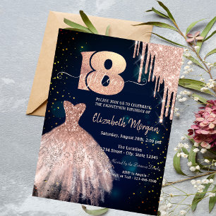 Invitation Robe à gouttes de paillettes chic bleu marine 18 a