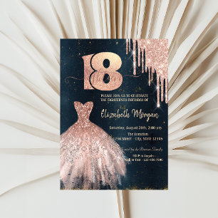Invitation Robe à gouttes en or rose, bleu foncé 18e annivers