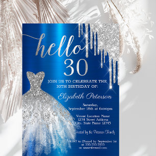 Invitation Robe à paillettes argentées et gouttes bleues méta