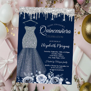 Invitation Robe à paillettes argentées, gouttes de roses Quin
