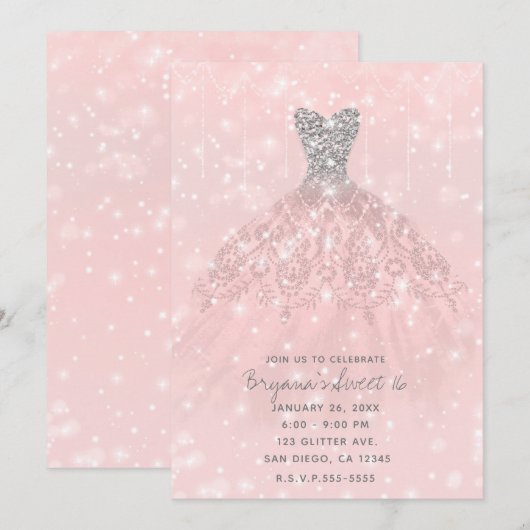 Invitation Robe à paillettes argentées rose pêche pour Sweet  (Devant / Derrière)