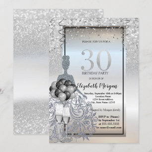 Invitation Robe à paillettes argentées, Verre, Ballons 30e An