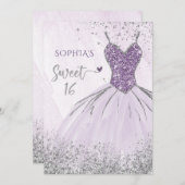Invitation Robe à paillettes argentées violettes Sweet 16 ann (Devant / Derrière)