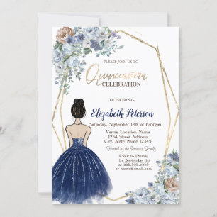 Invitation Robe à paillettes bleu marine, Quinceanera fleurs