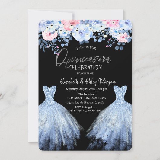 Invitation Robe à paillettes bleue fleurs roses (Devant)