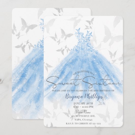 Invitation Robe à paillettes bleues Danse Papillon Fête Sweet (Devant / Derrière)