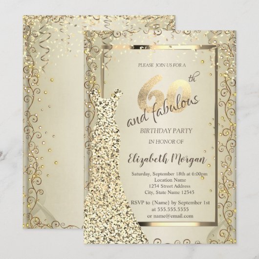 Invitation Robe à paillettes chic or 60e anniversaire (Devant / Derrière)