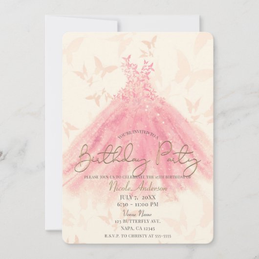 Invitation Robe à paillettes de pêche de danse de papillon po (Devant)