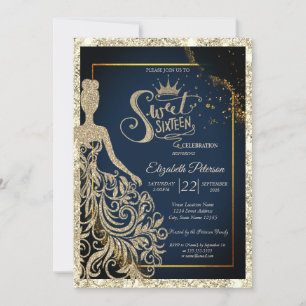 Invitation Robe à paillettes, Diadème bleu marine et or paill