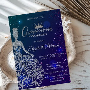 Invitation Robe à paillettes, Diadème, Étoiles Bleues  Quince
