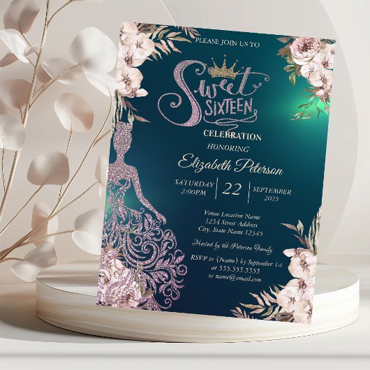 Invitation Robe à paillettes,Diamants Fleurs Vert Douce 16