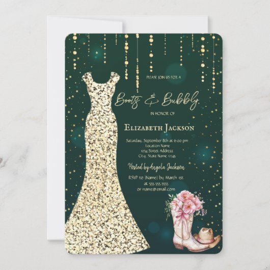 Invitation Robe à paillettes dorées, Bottes Fleurs Vertes (Devant)