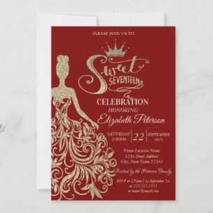 Invitation Robe à paillettes dorées chic, Diadème Rouge Sweet