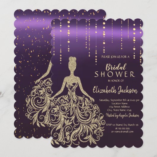 Invitation Robe à paillettes dorées chic violet Shower de mar (Devant / Derrière)