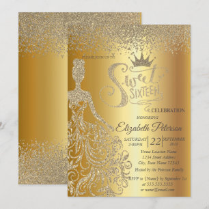 Invitation Robe à paillettes dorées, Diadème, Diamants Sweet