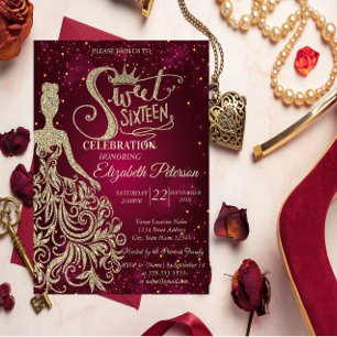 Invitation Robe à paillettes dorées, Diadème, Diamants Sweet 