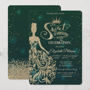 Invitation Robe à paillettes dorées, Diadème, Diamants Vert D