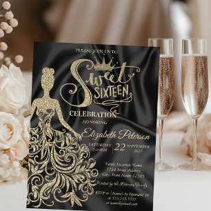 Invitation Robe à paillettes dorées, Diadème Douce 16 Satin N
