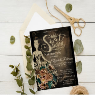 Invitation Robe à paillettes dorées, Diadème, Roses gothiques