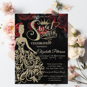 Invitation Robe à paillettes dorées, Diadème, Roses rouges go