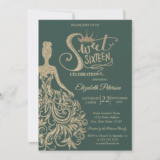 Invitation Robe à paillettes dorées, Diadème, Vert 16 ans dou (Devant)