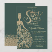 Invitation Robe à paillettes dorées, Diadème, Vert 16 ans dou (Devant / Derrière)