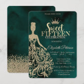 Invitation Robe à paillettes dorées, Diamants Vert Douce 15 (Devant / Derrière)