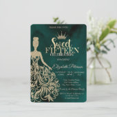Invitation Robe à paillettes dorées, Diamants Vert Douce 15 (Debout devant)