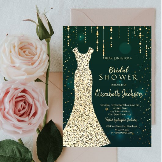 Invitation Robe à paillettes dorées, douche de mariage verte